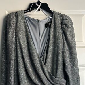 Betsy & Adam Silver Sparkle Faux-Wrap Midi Dress